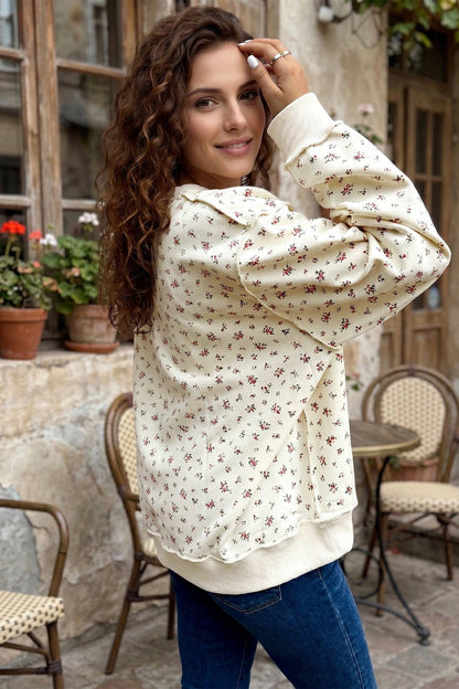 Beige Patchwork Floral Print Sweatshirt