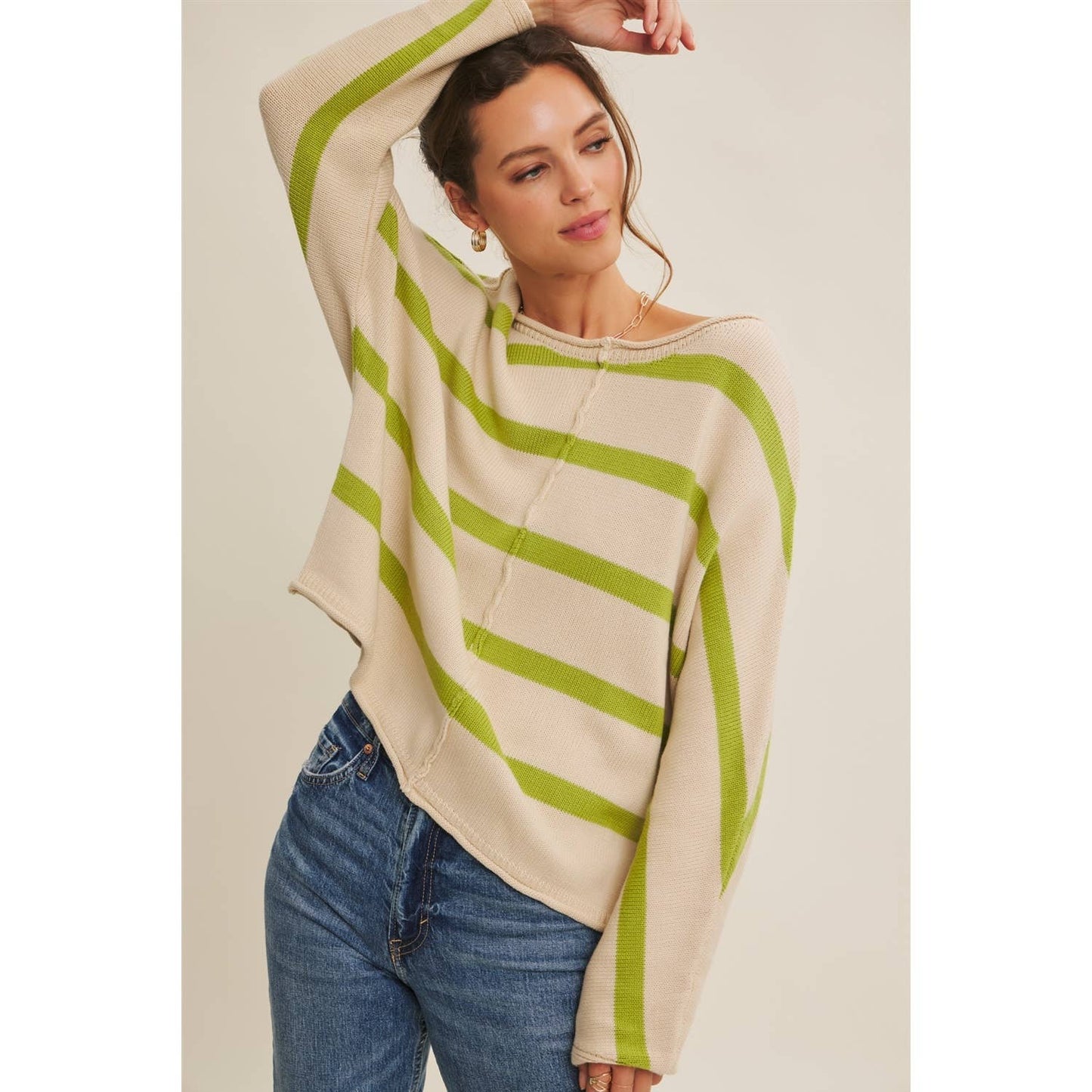 Apple Green Striped Dolman Sleeve Sweater