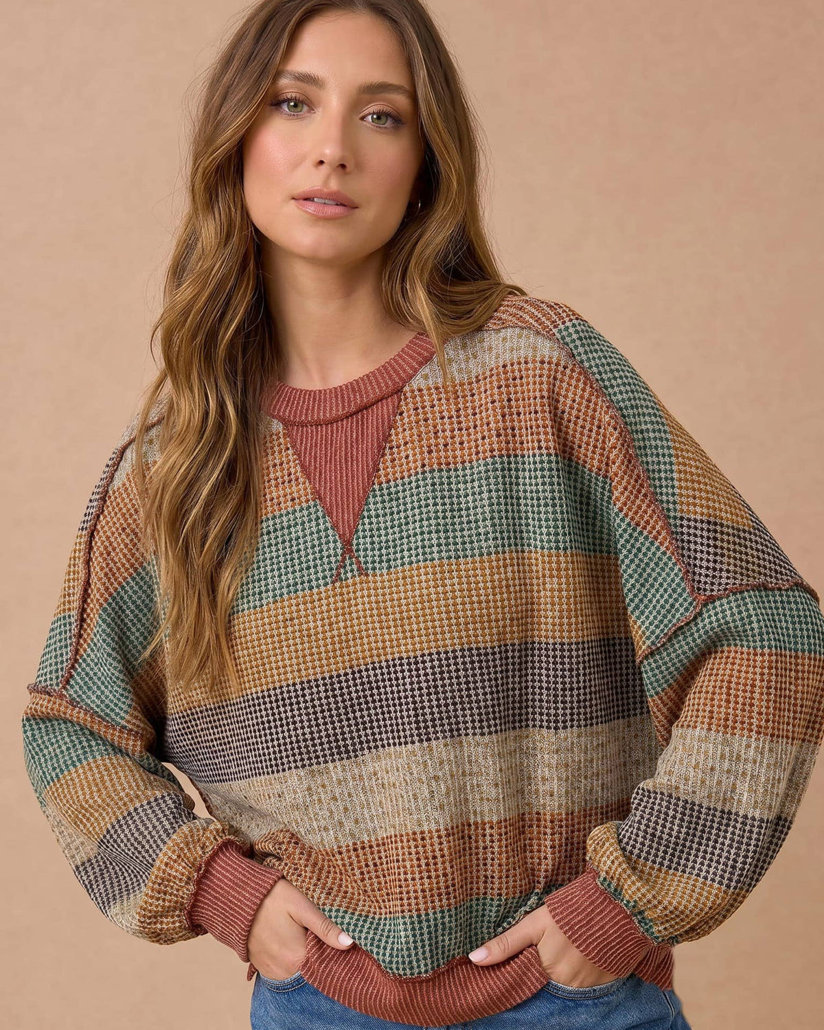 Stripe Waffle Wave Rib Banded Hem Pullover