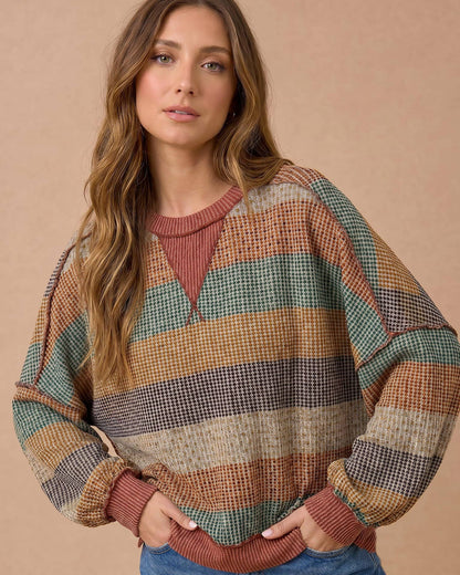 Stripe Waffle Wave Rib Banded Hem Pullover