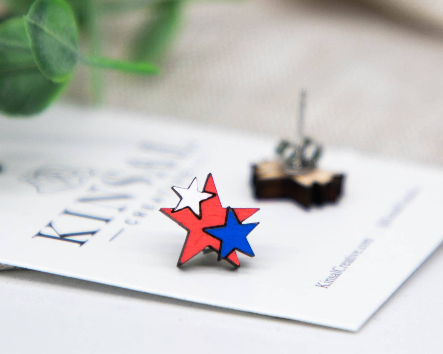 Patriotic Stars Wood Stud Earrings