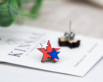 Patriotic Stars Wood Stud Earrings