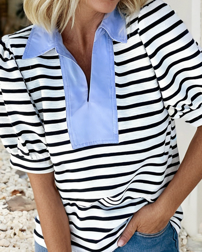 Casual Striped V Neck Short Sleeve Top