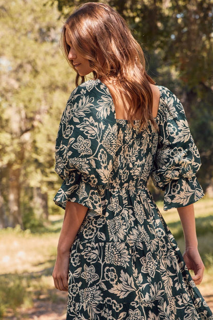 Emerald Green Floral Printed Midi Dress