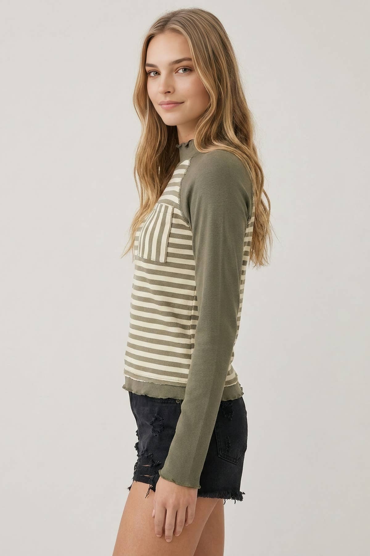 Striped Contrast Pocket Mock Neck