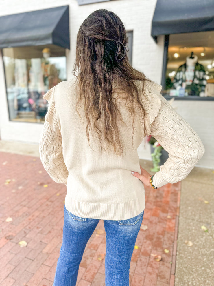 Cream Cable Knit Flutter Sleeve Sweater