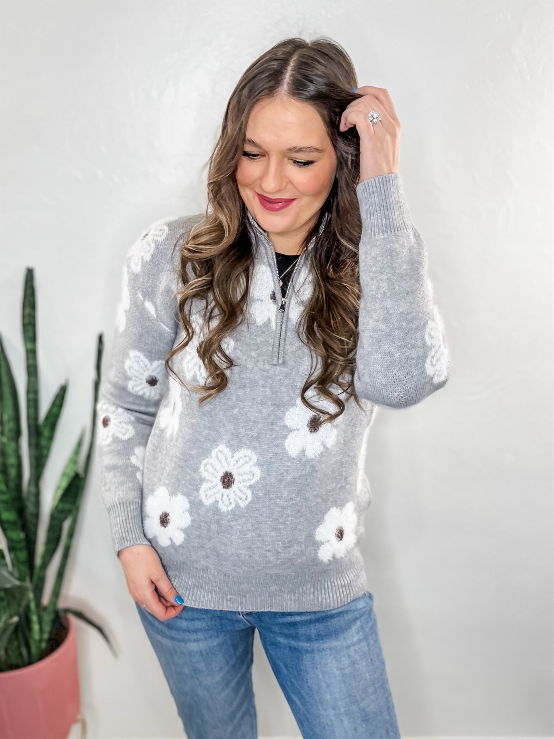 Grey Flower Quarter Zip Sweater