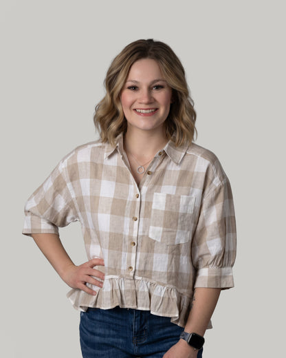 Plaid Ruffled Button-Down Blouse