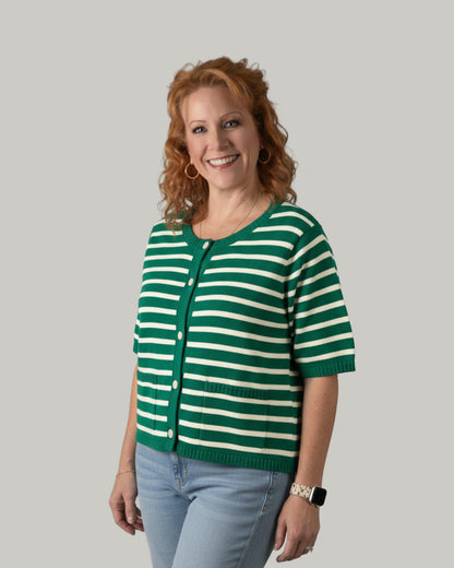 Short Sleeve Striped Button Up Sweater