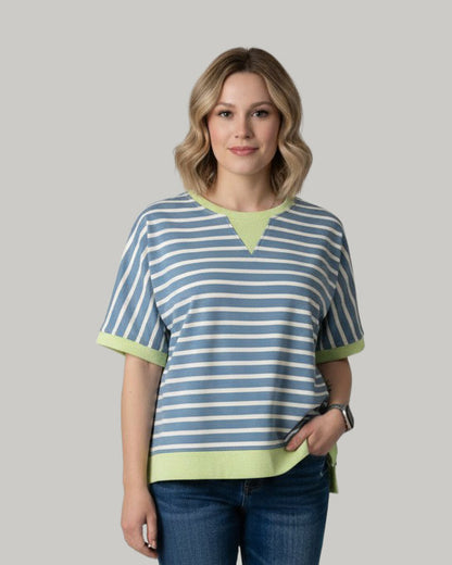 Striped Contrast Trim Loose Short Sleeve Top