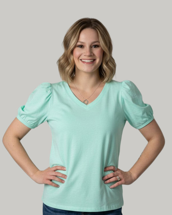 Solid Color V Neck Short Puff Sleeve Blouse