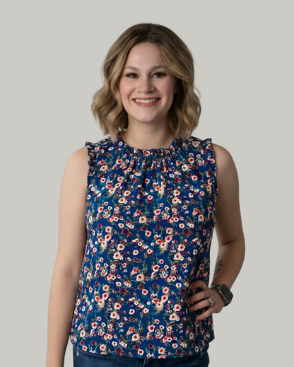 High Ruffle Neck Sleeveless Floral Top