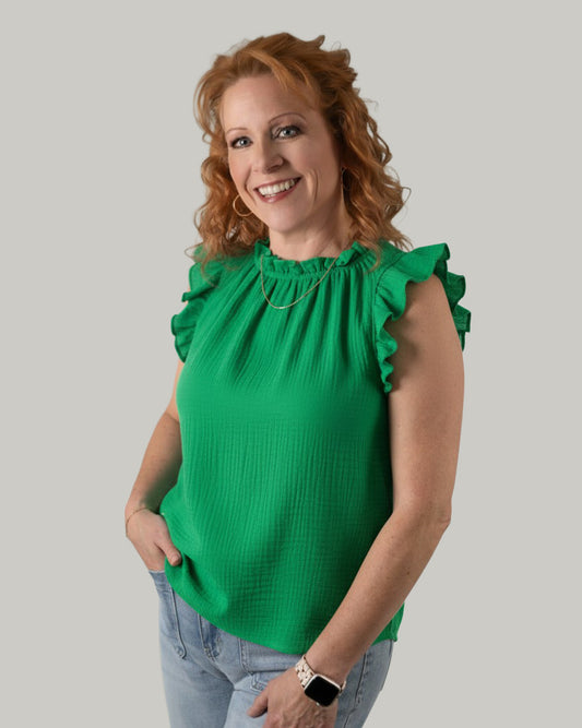 Ruffle Neck Sleeveless Cotton Blouse