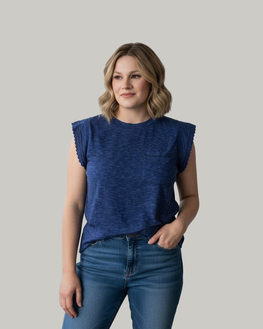 Pointelle Detailed Pocketed Short Sleeve Top