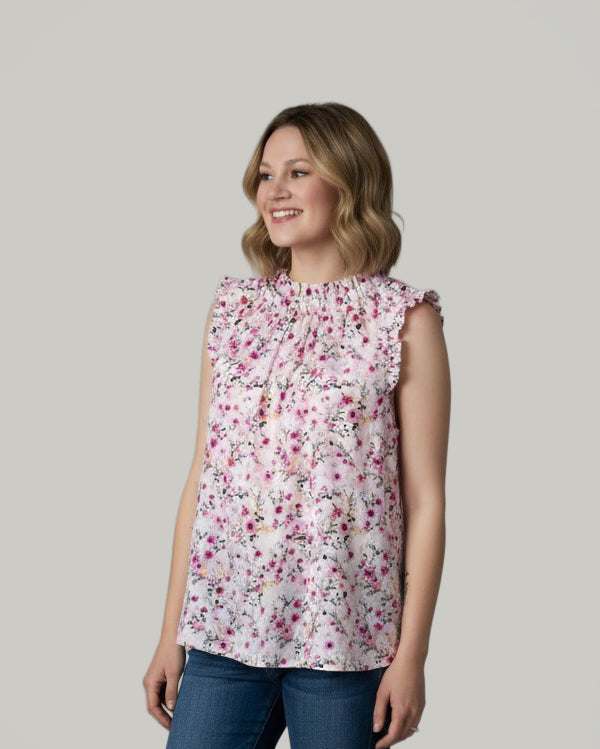 High Ruffle Neck Sleeveless Floral Top