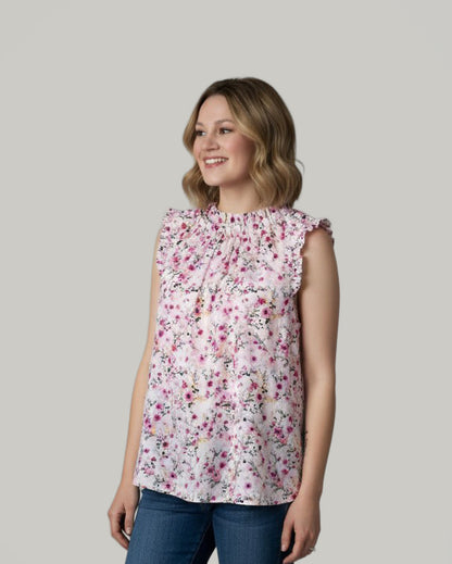 High Ruffle Neck Sleeveless Floral Top