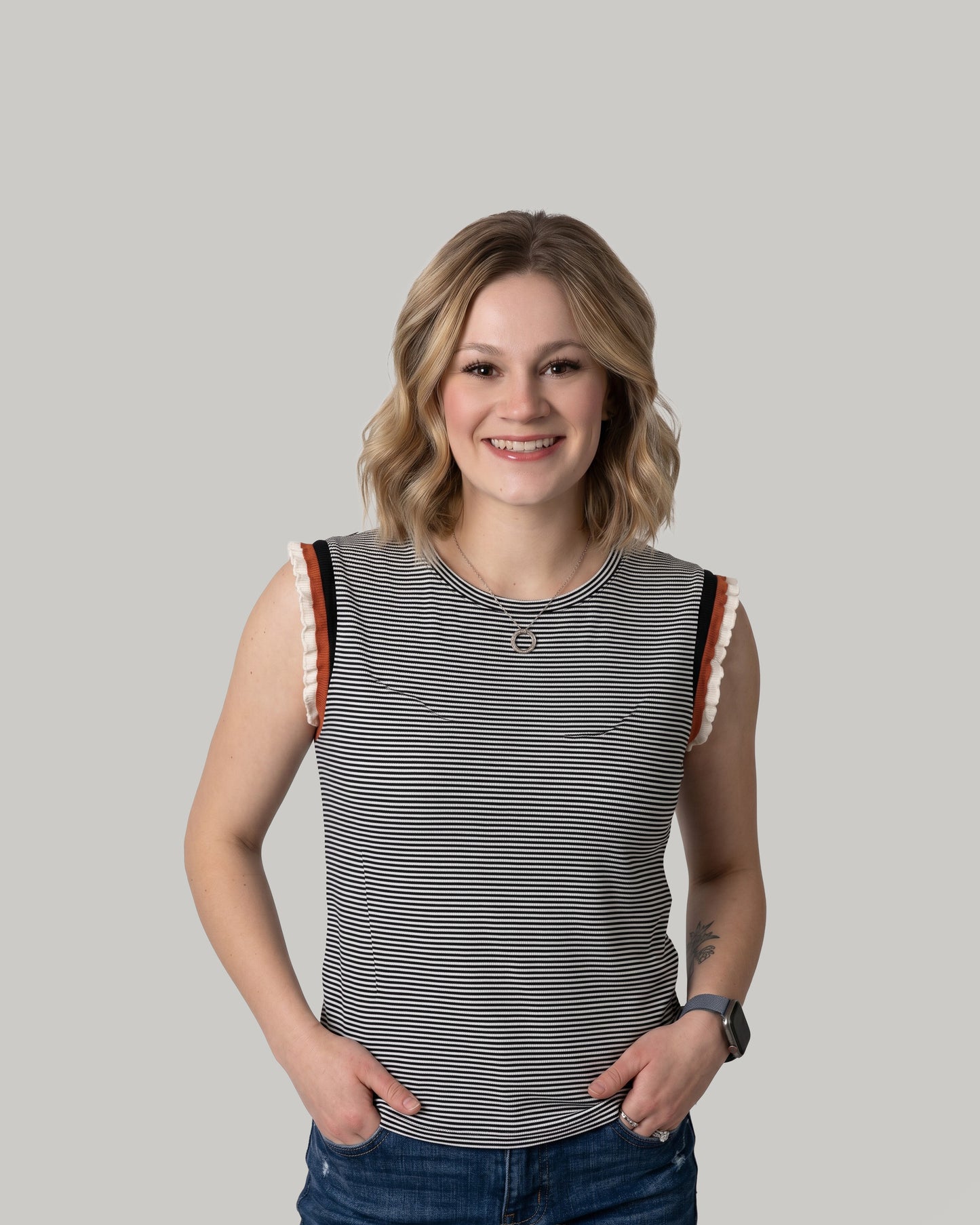Black & White Stripe w/ Copper Accent Ruffle Sleeve Top