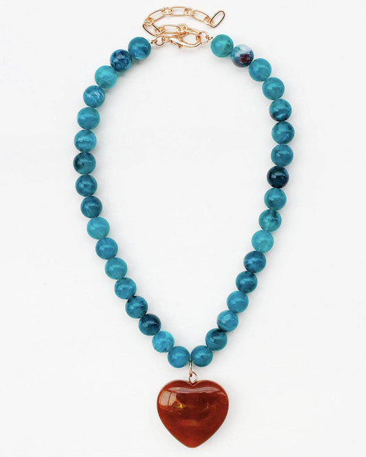 Blue Beaded with Brown Stone Heart Necklace