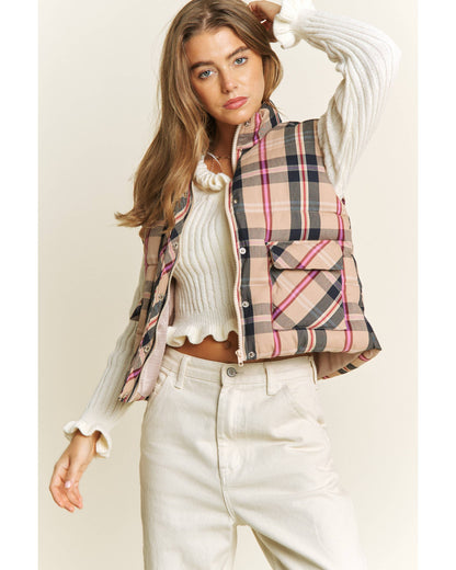 CROP PLAID HIGH NECK OPEN FRONT PUFFER VEST