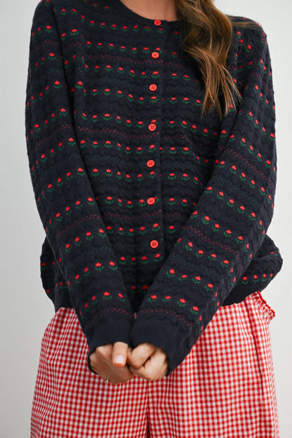 Navy Floral Button-Front Cardigan