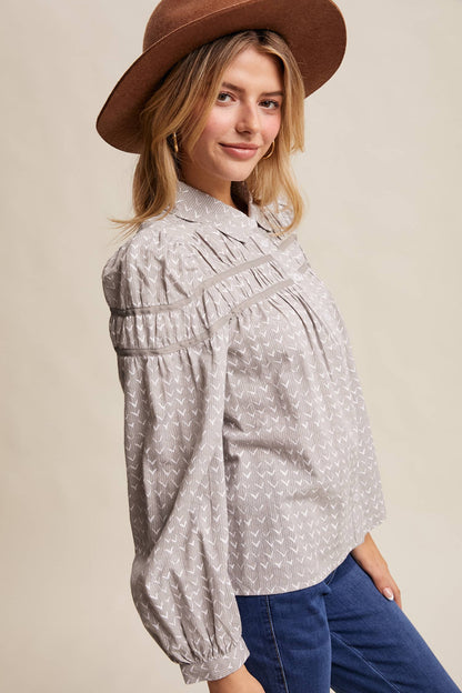 Lavender Grey Pintuck Puff Sleeve Blouse