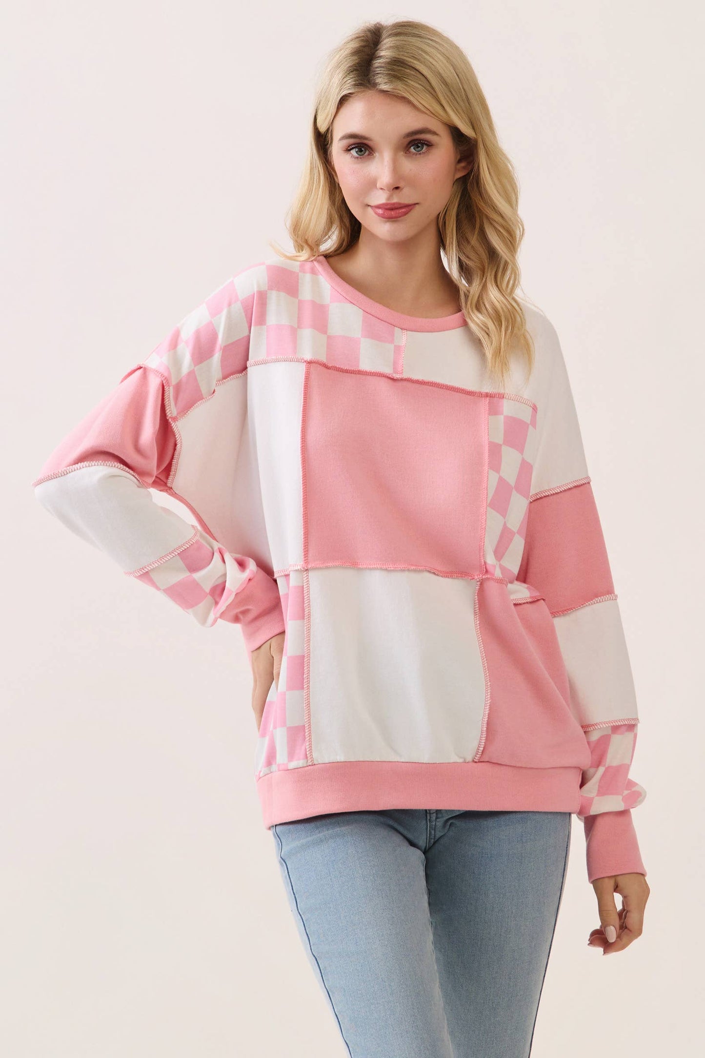 Pink & White Checkered Pullover
