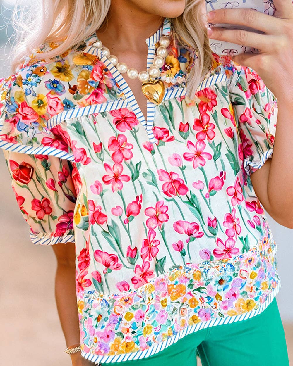 Pink Floral Striped Detail Short Sleeve Blouse