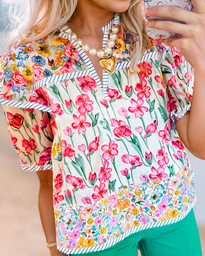 Pink Floral Striped Detail Short Sleeve Blouse