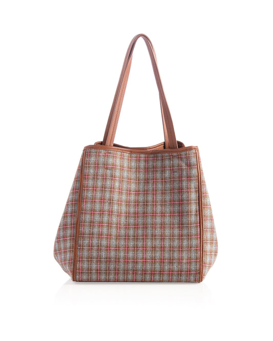 Neutral Tan & Pink Plaid Tote