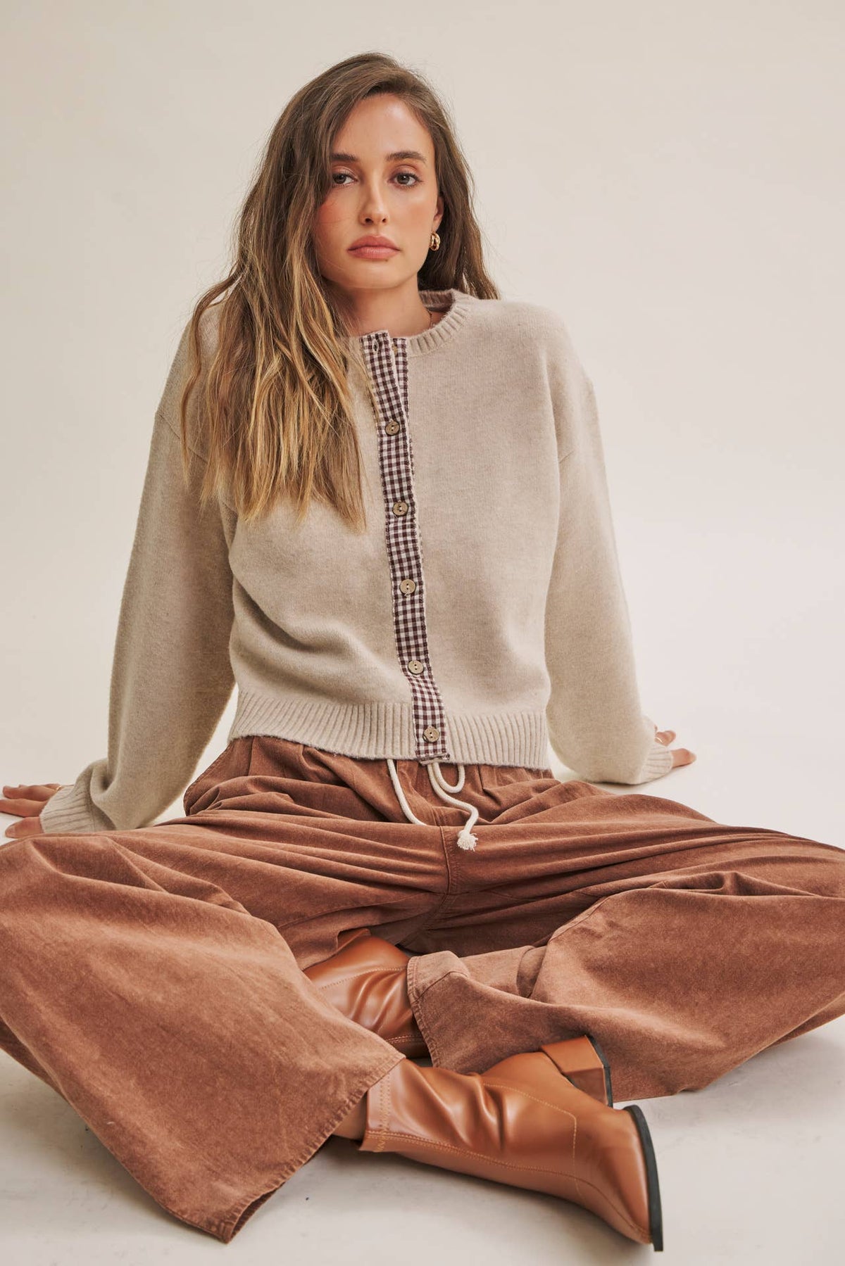 Beige Cardigan w/ Plaid Button Up Acccent