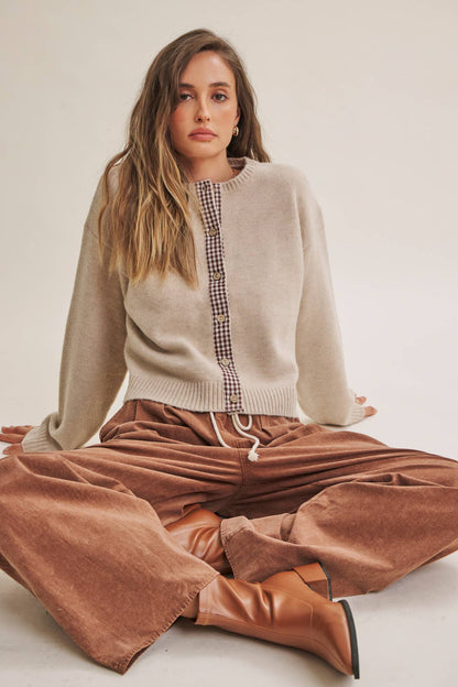 Beige Cardigan w/ Plaid Button Up Acccent