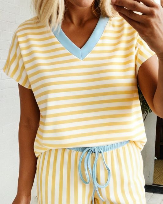 Yellow & White Striped V-Neck Tshirt