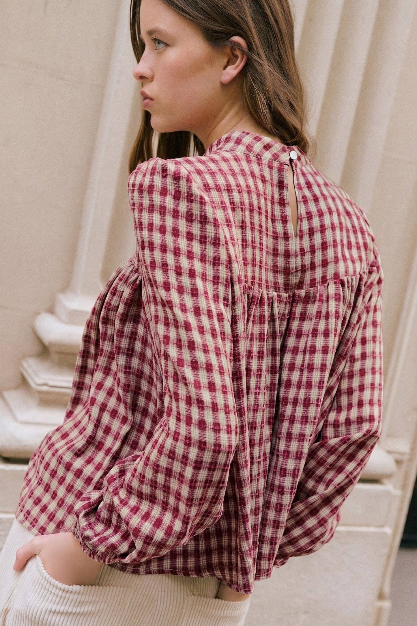 Country Plaid Pleated Blouse