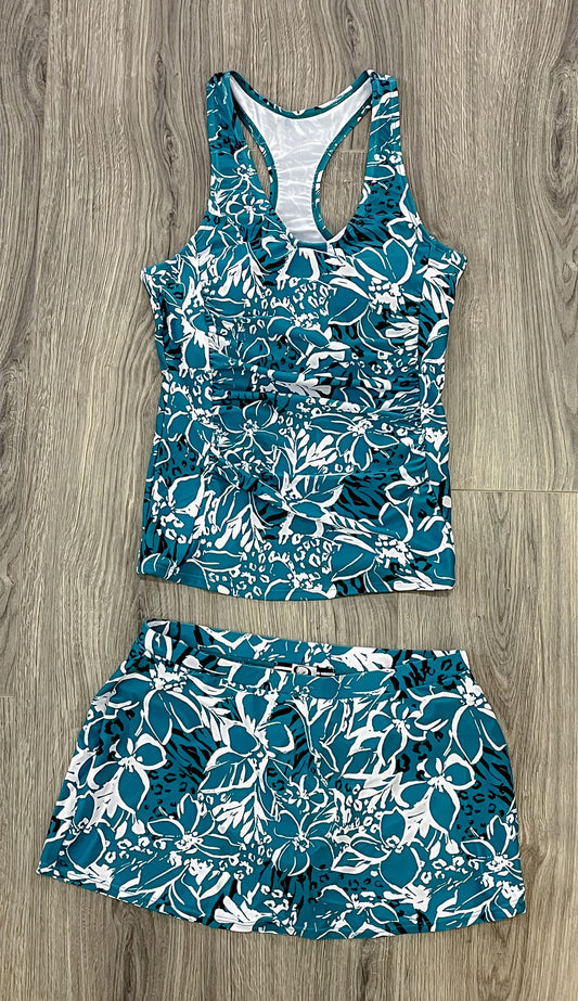 Dark Teal Abstract Floral Skirt Tankini