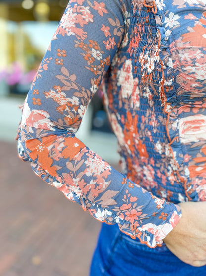 Navy Floral Ruched Layering Top