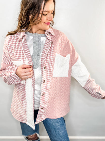 Pink Houndstooth Patchwork Shacket