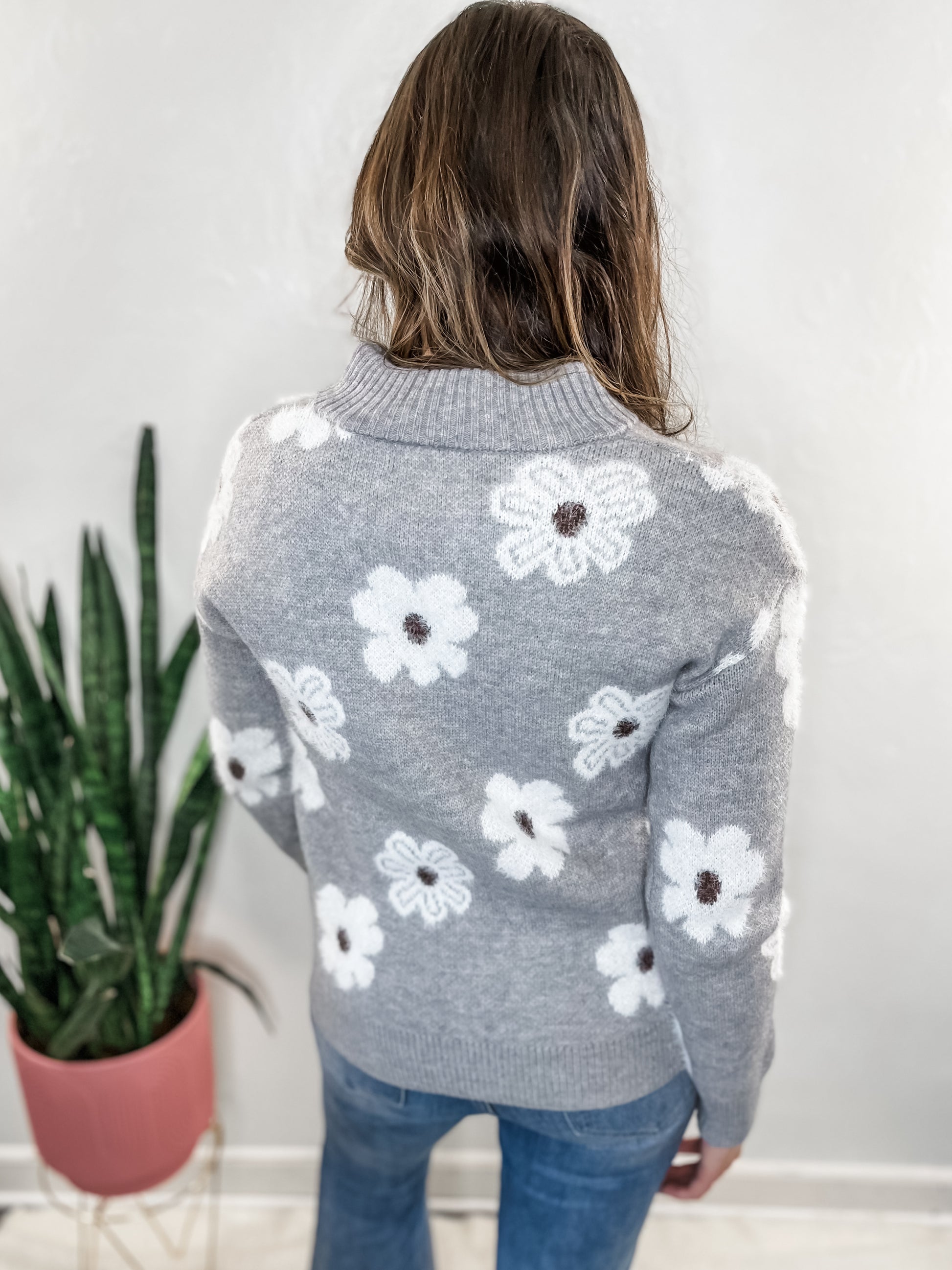Grey Flower Quarter Zip Sweater