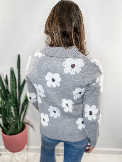 Grey Flower Quarter Zip Sweater