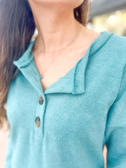 Aqua Button Neckline Brushed Top