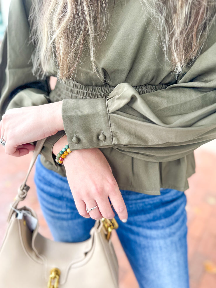 Olive Sateen Smocked Peplum Blouse