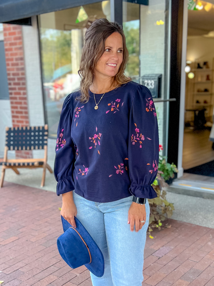 Navy Floral Embroidered Pullover