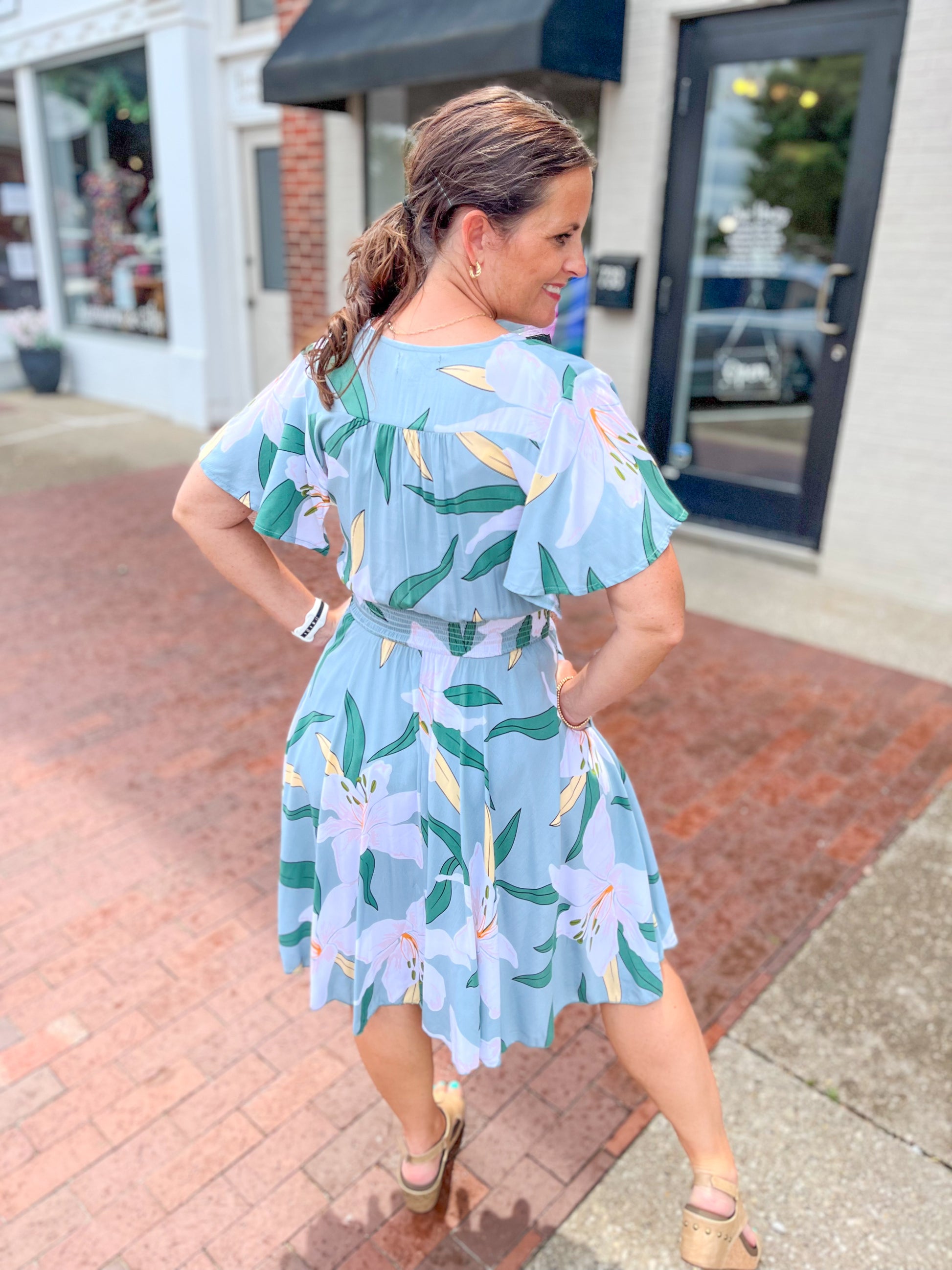 Sage Floral Flutter Sleeve Dress