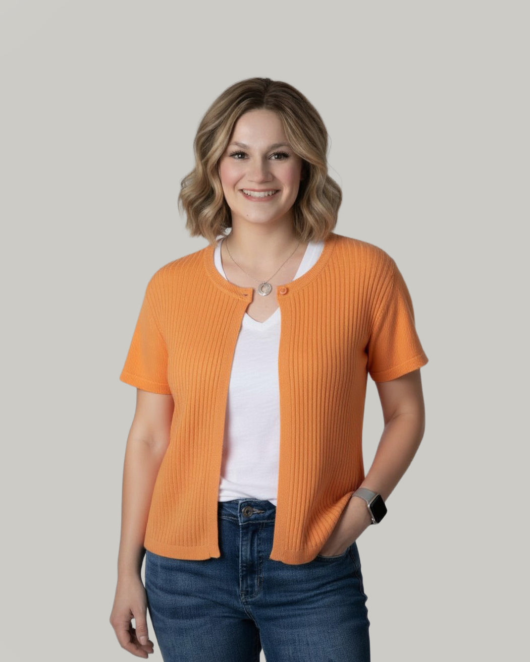 apricot-one-button-half-sleeve-cardigan