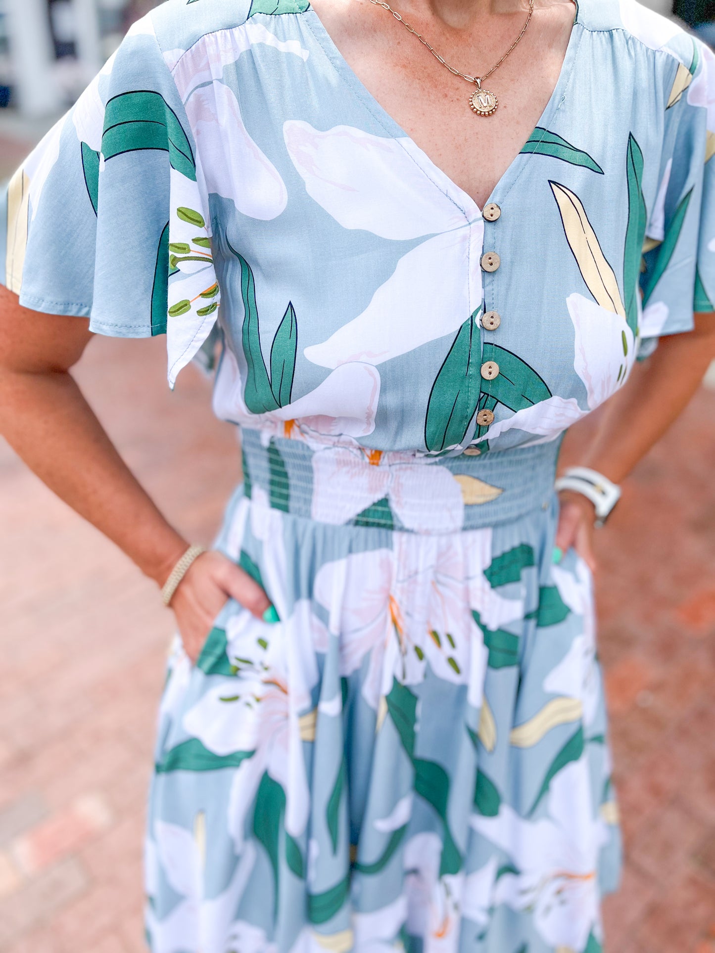 Sage Floral Flutter Sleeve Dress