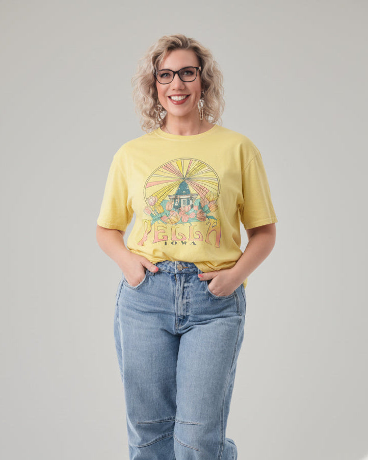 Yellow Pella t-shirt; t-shirt with windmill and tulips