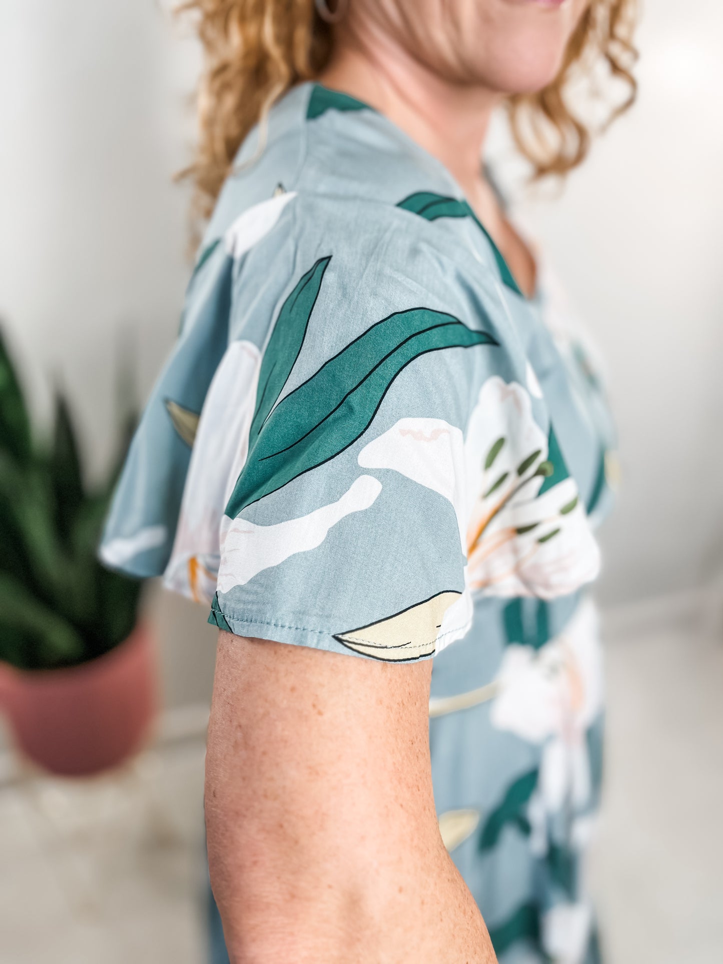 Sage Floral Flutter Sleeve Dress