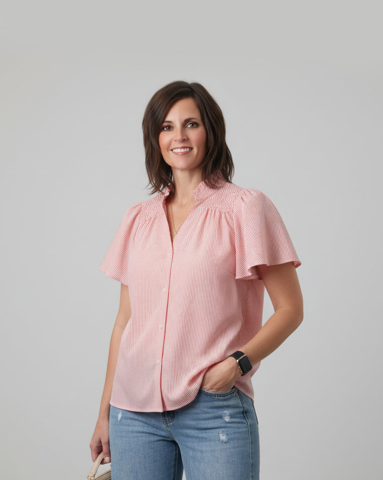 coral-pinstripe-flutter-sleeve-blouse-