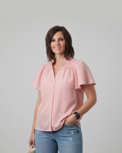 coral-pinstripe-flutter-sleeve-blouse-