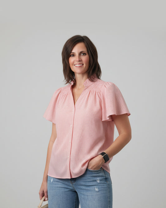 coral-pinstripe-flutter-sleeve-blouse-