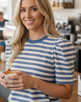 Striped Crewneck with Puff Sleeve; Blue & White Striped Crewneck with Puff Short Sleeve; Pink & White Crewneck with Puff Short Sleeve